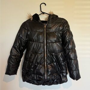 Kids Girls Juicy Couture Black Quilted Puffer Jacket with Faux-Fur Hood